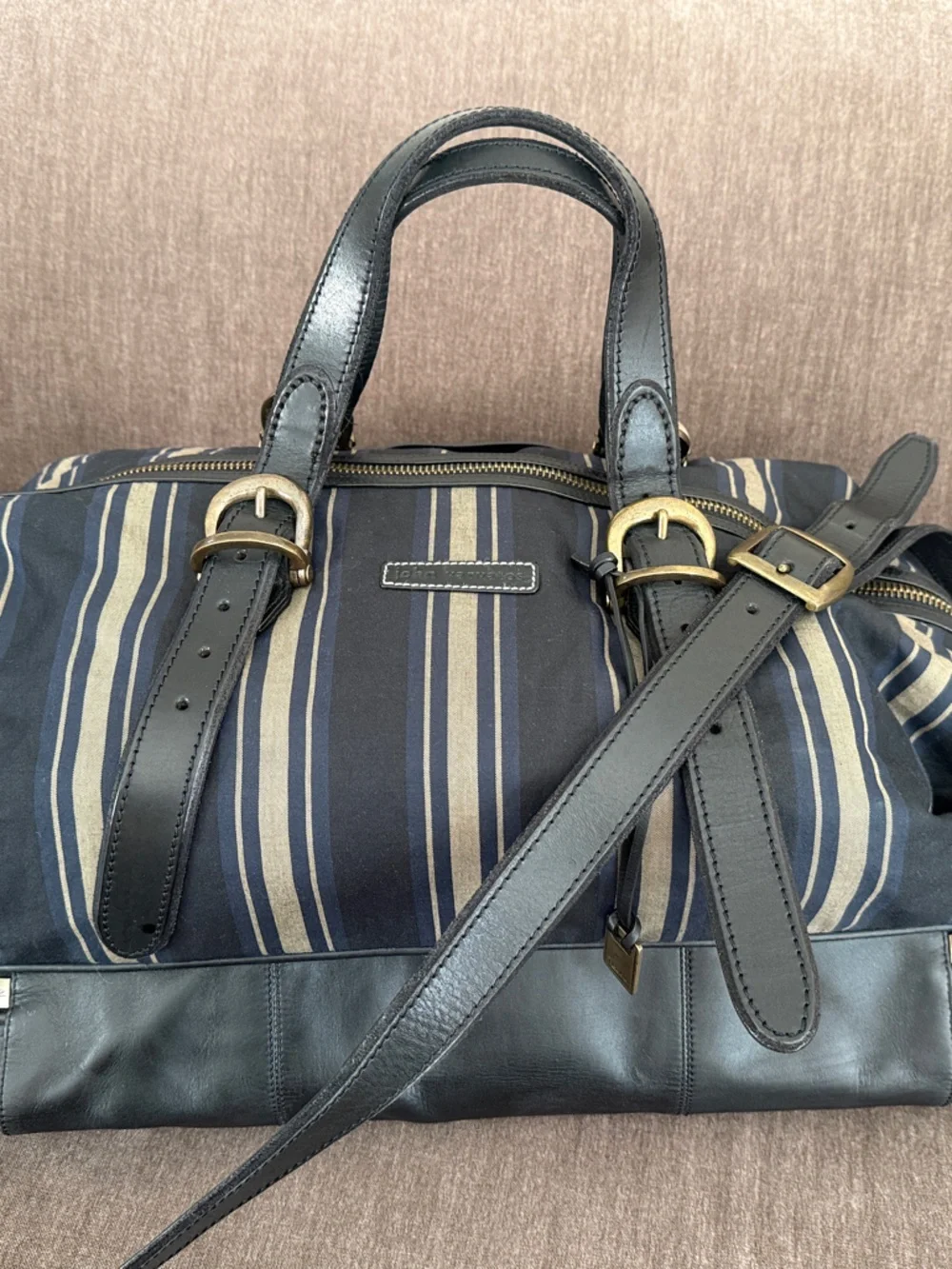 John Varvatos Navy and Tan Striped Leather-Trim Duffel